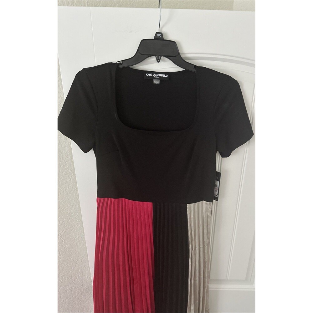 KARL LAGERFELD PARIS Women's Color blocked Pleated Midi Dress Black Multi 8 - Picture 4 of 7